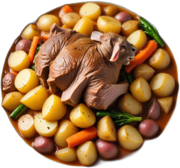 Geschmortes Lammfleisch, garniert mit Kartoffeln und anderem Gemüse